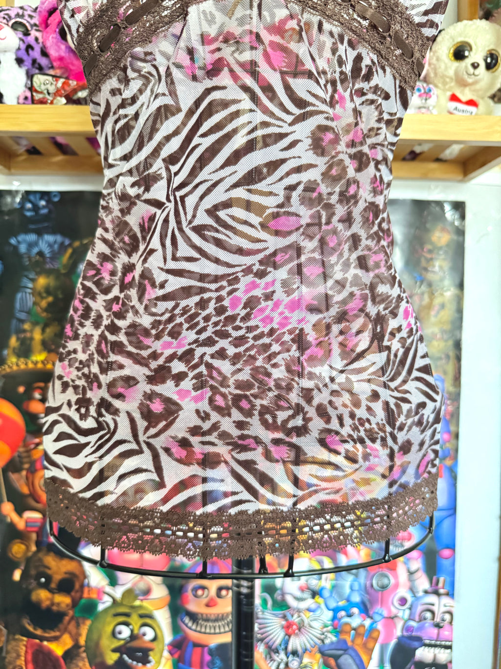 y2k vintage leopard and zebra print brown and hot pink sheer mesh cami top mcbling
