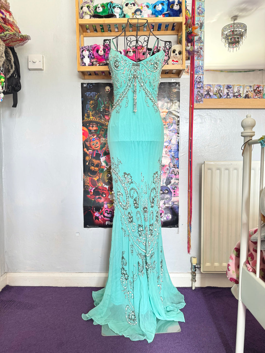 vintage 90’s turquoise blue silk heavily beaded handmade fishtail maxi dress mermaid core