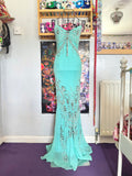 vintage 90’s turquoise blue silk heavily beaded handmade fishtail maxi dress mermaid core