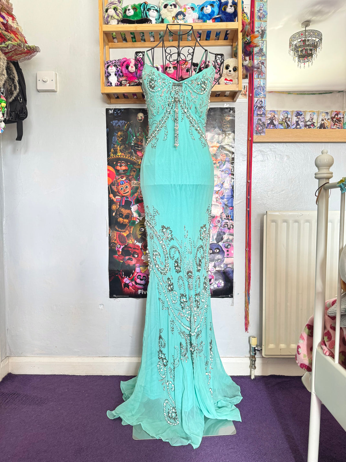 vintage 90’s turquoise blue silk heavily beaded handmade fishtail maxi dress mermaid core
