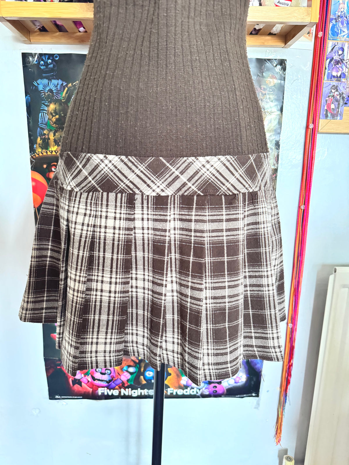 y2k vintage chocolate brown sleeveless fitted pleated mini dress with plaid and chest cut out