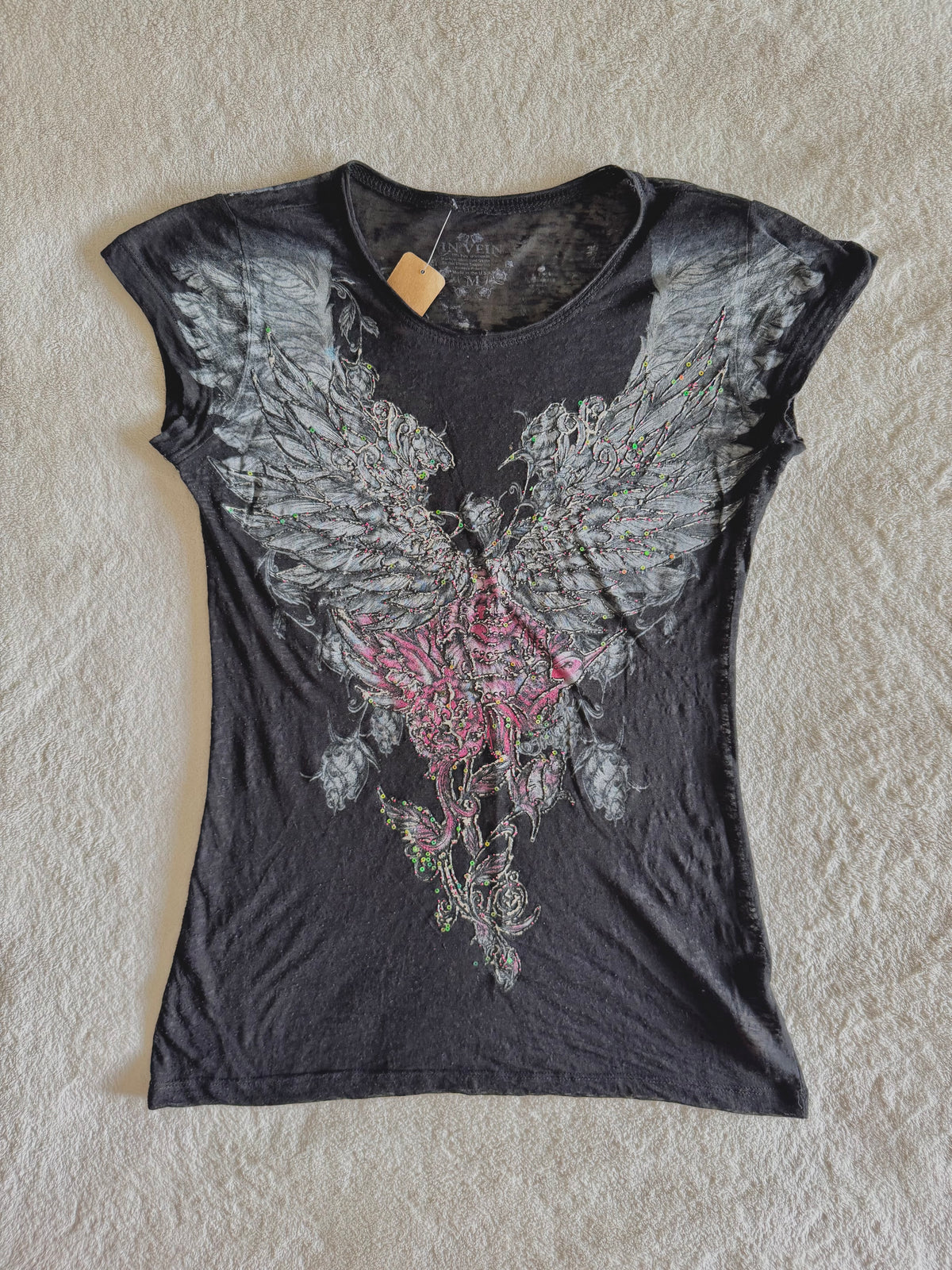 y2k vintage insane graphic angel wings print fitted sheer tee