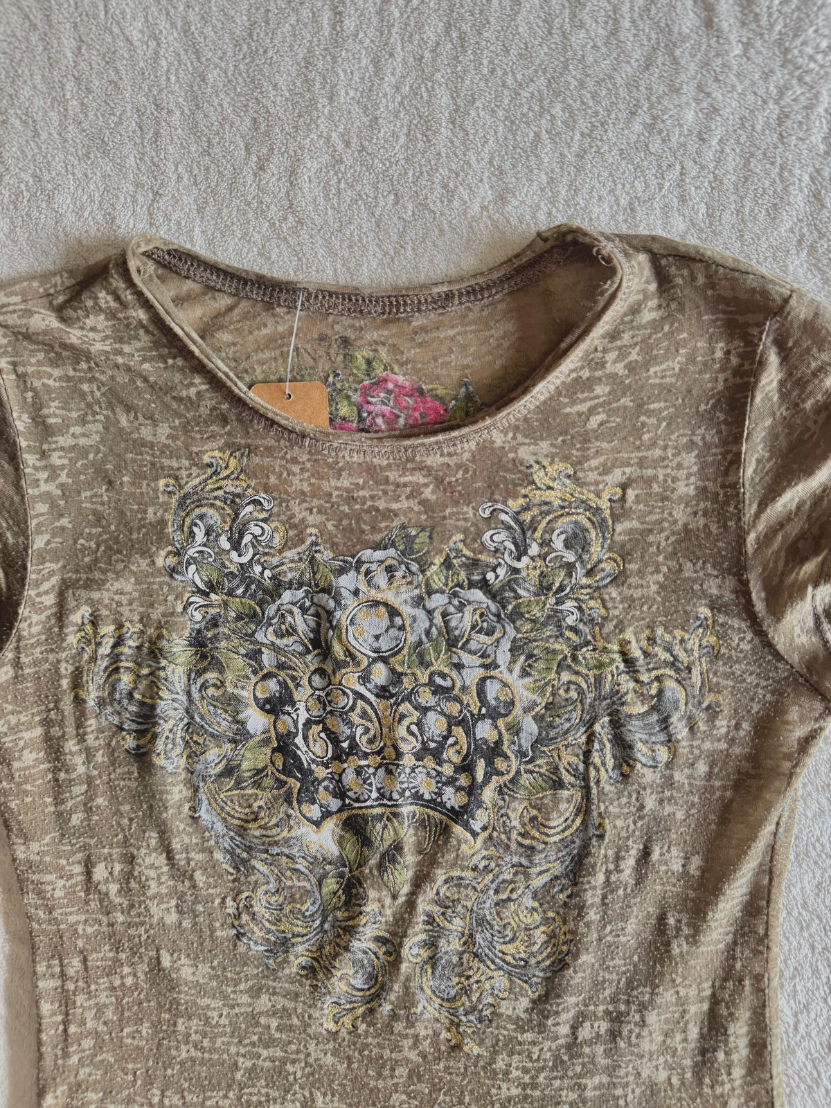 y2k vintage khaki green fitted sheer insane graphic top with crown, wings and rhinestones