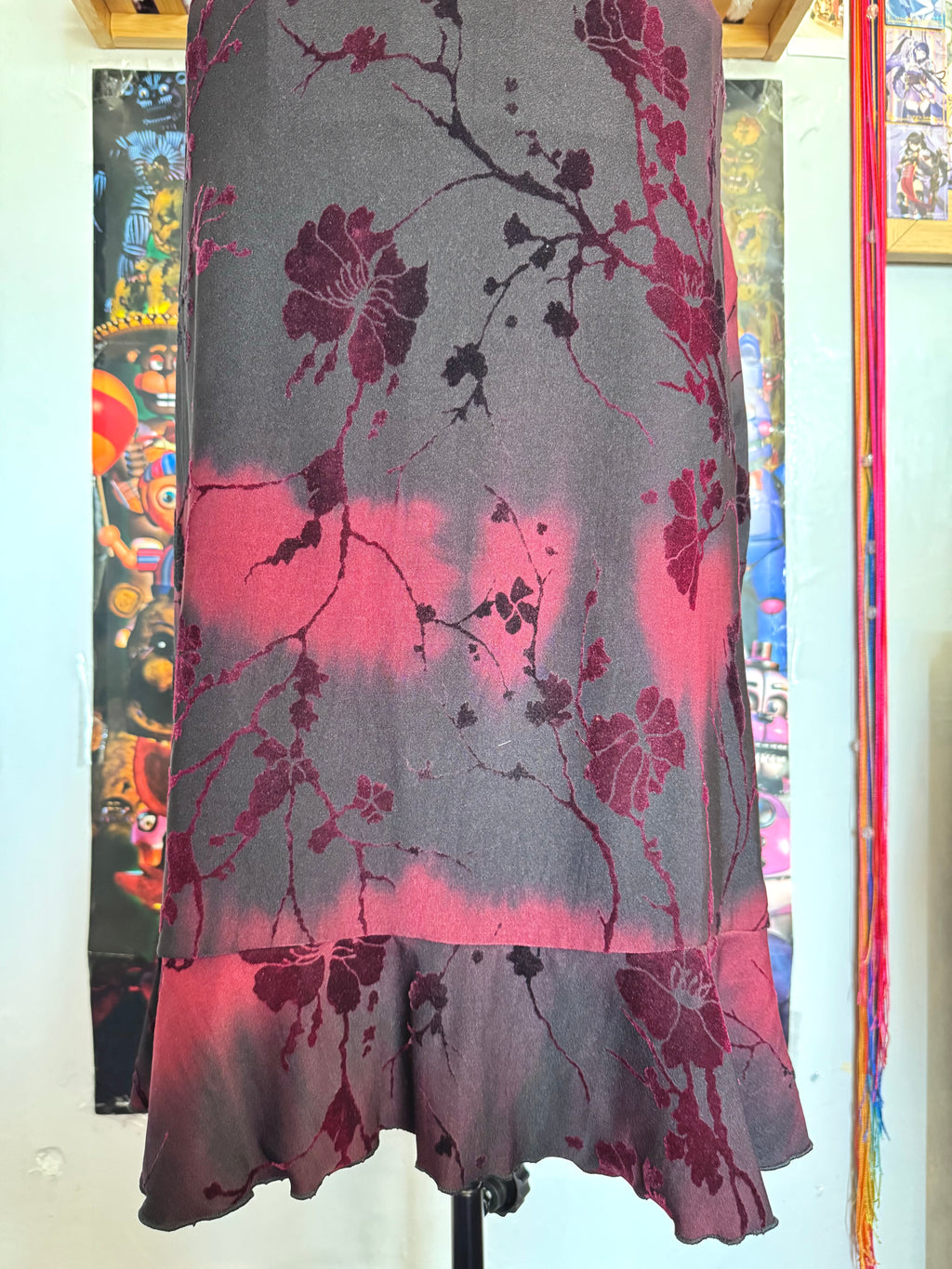 y2k vintage red and black velvet floral midi dress