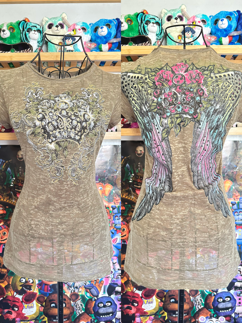 y2k vintage khaki green fitted sheer insane graphic top with crown, wings and rhinestones