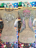 y2k vintage khaki green fitted sheer insane graphic top with crown, wings and rhinestones
