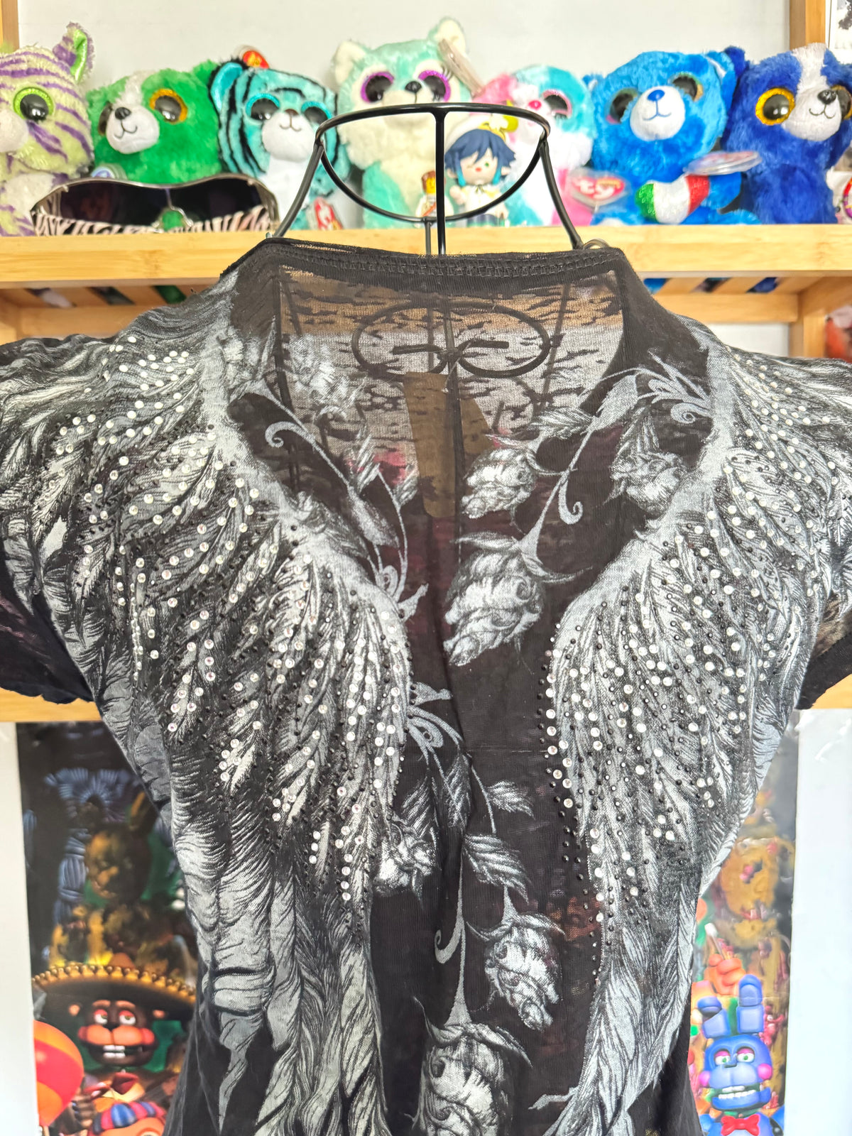 y2k vintage insane graphic angel wings print fitted sheer tee