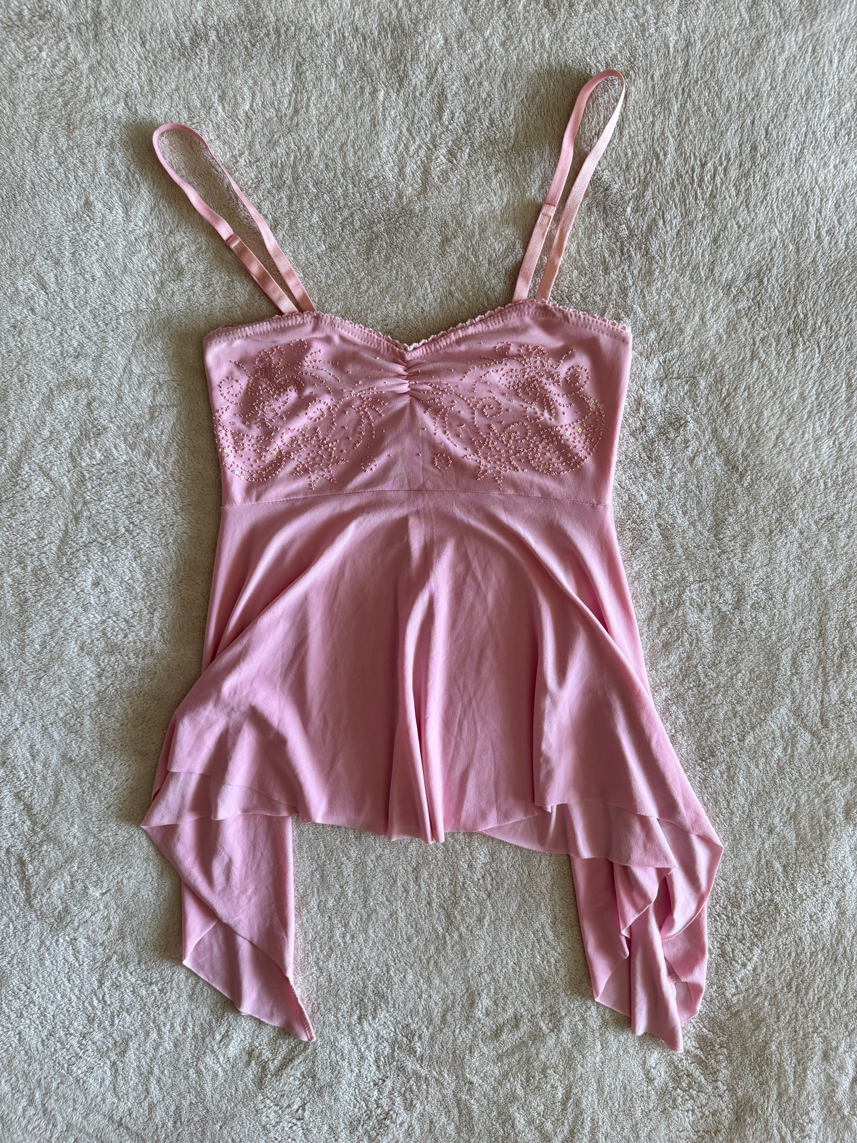 y2k vintage baby pink asymmetrical fairy hem ruched beaded cami top