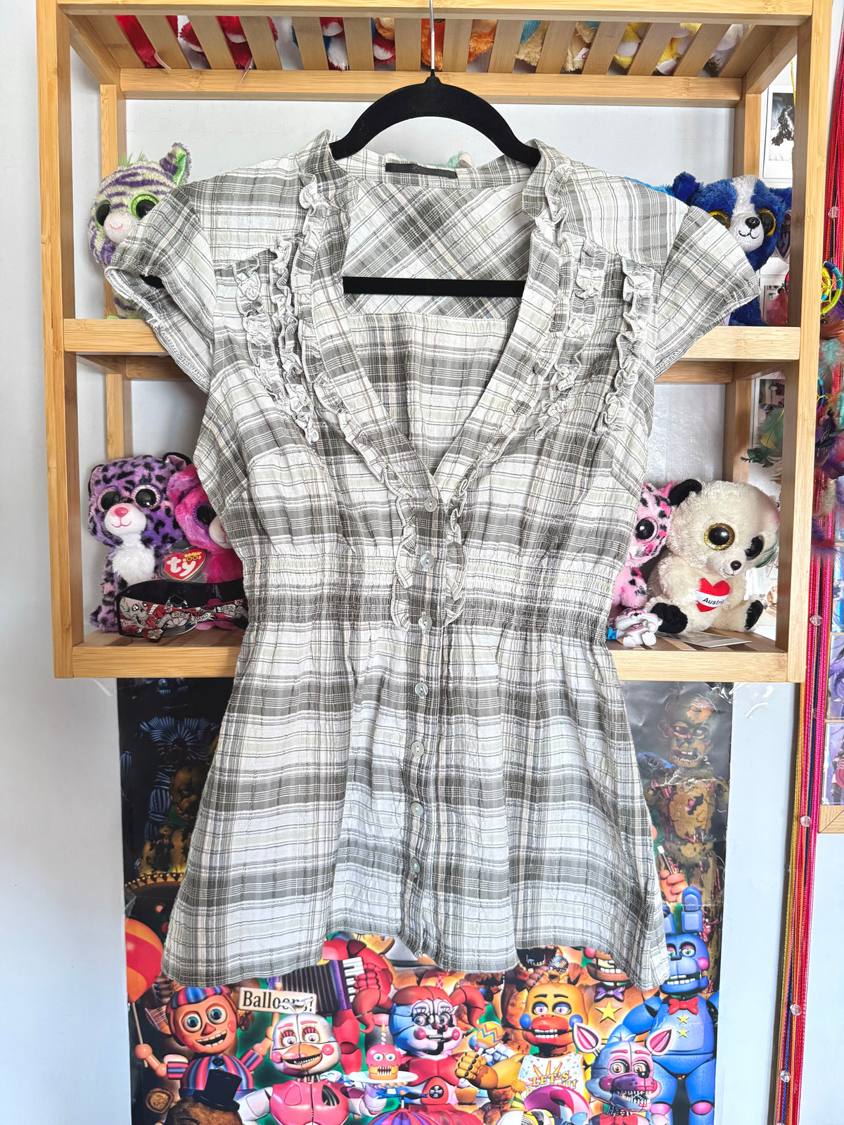 y2k vintage checkered button up babydoll top with elasticated waist and cap sleeves