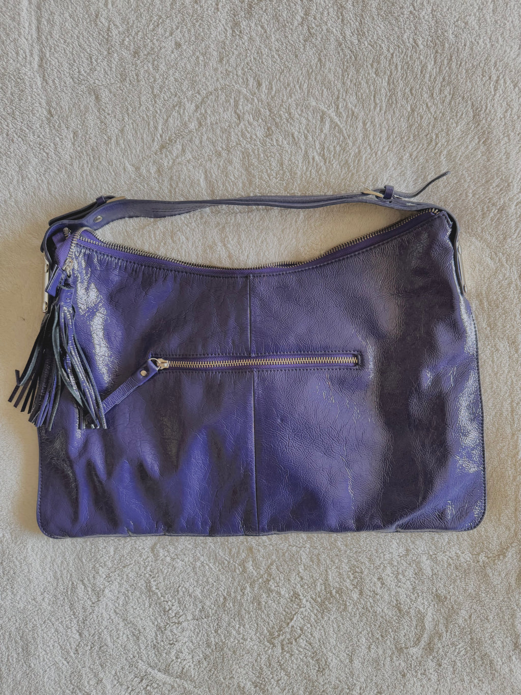 y2k pony hair violet purple slouchy boho handbag with real suede and leather