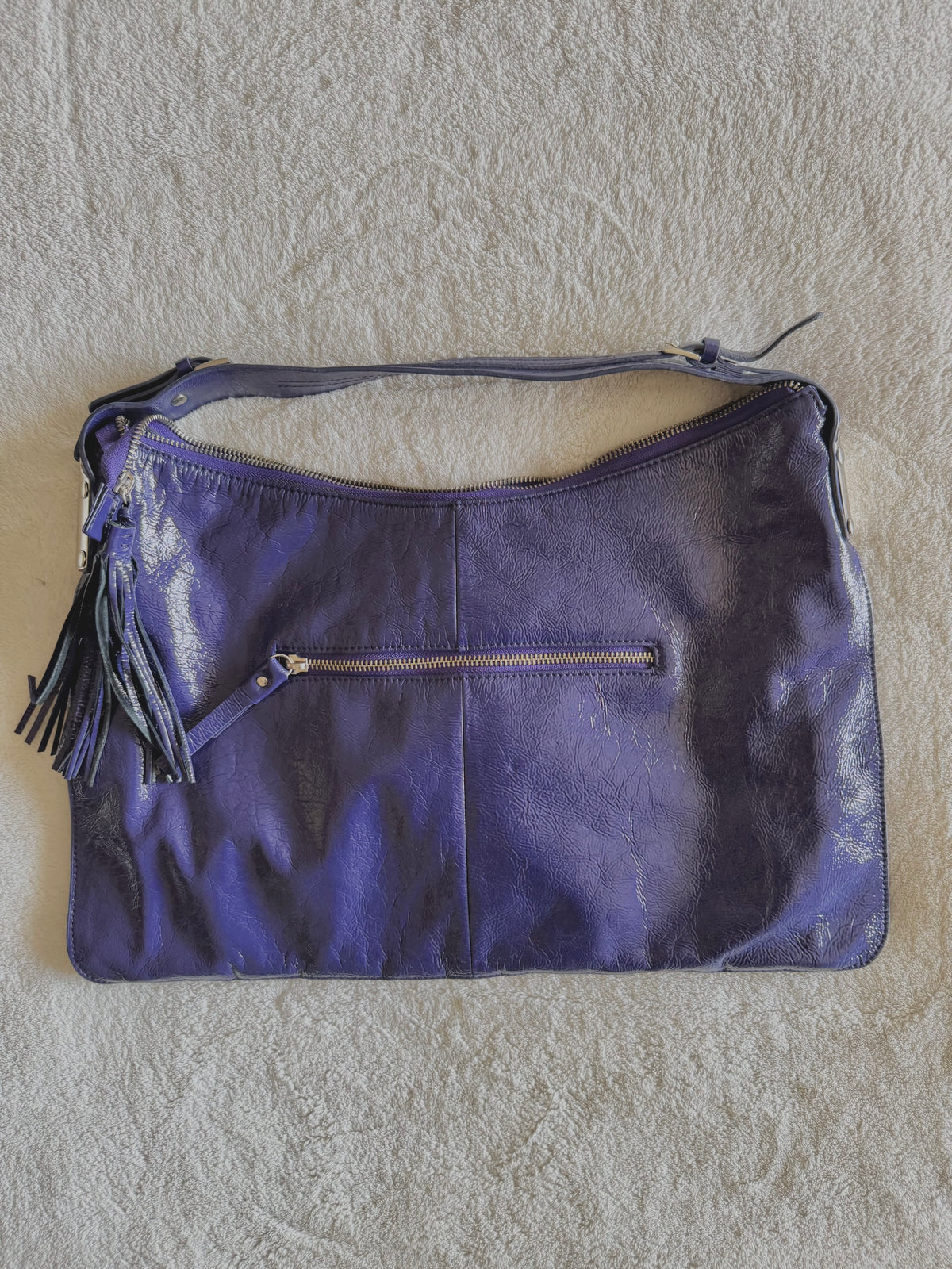 y2k pony hair violet purple slouchy boho handbag with real suede and leather