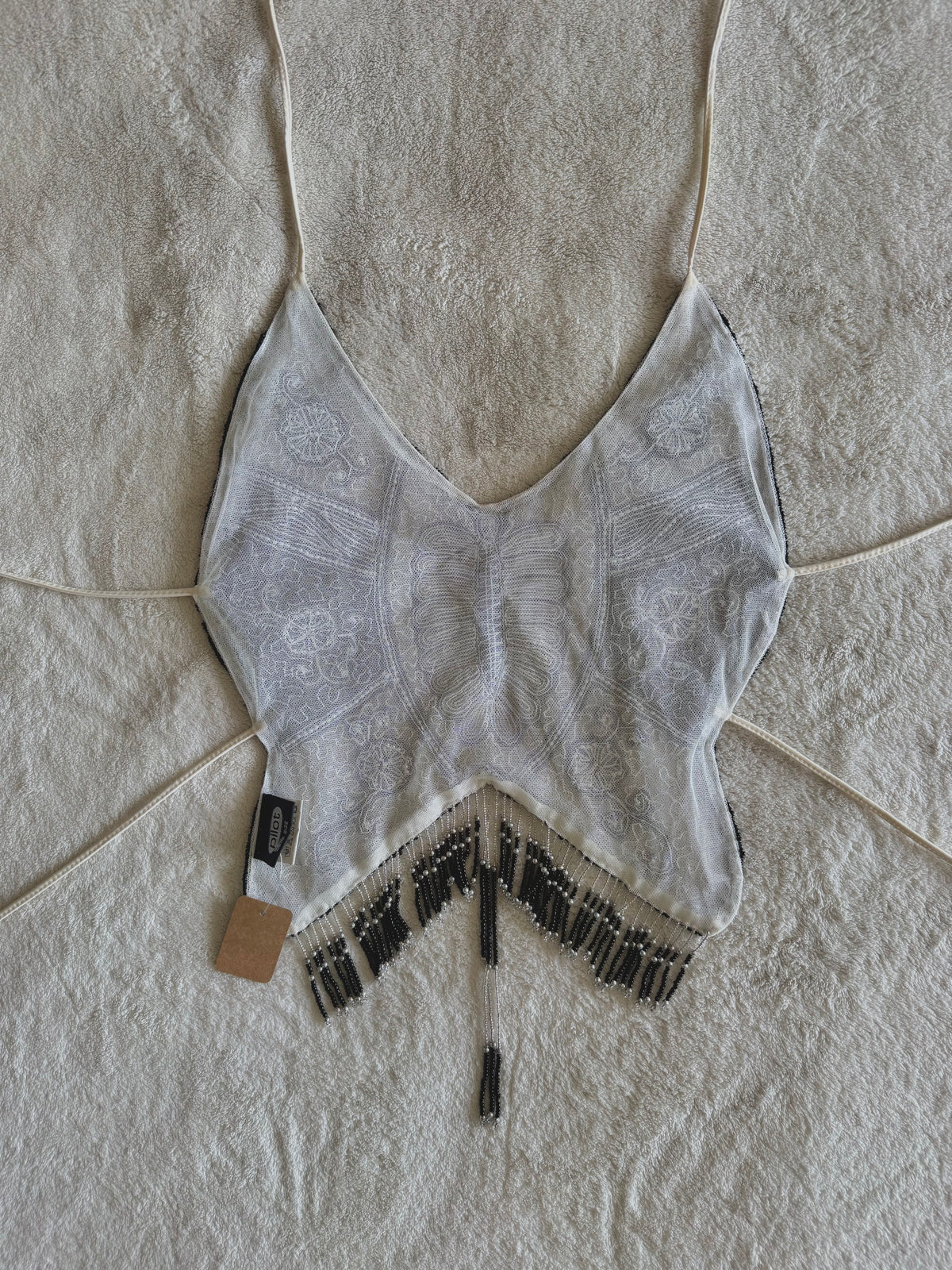 y2k vintage backless fitted fully beaded black and white halterneck butterfly top festival