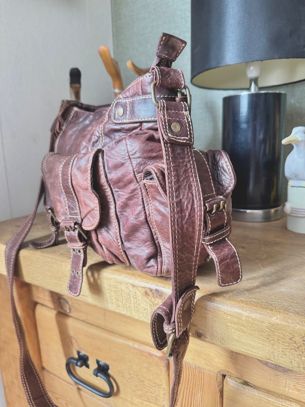 y2k vintage brown real leather golden hardware detail buckle shoulder bag