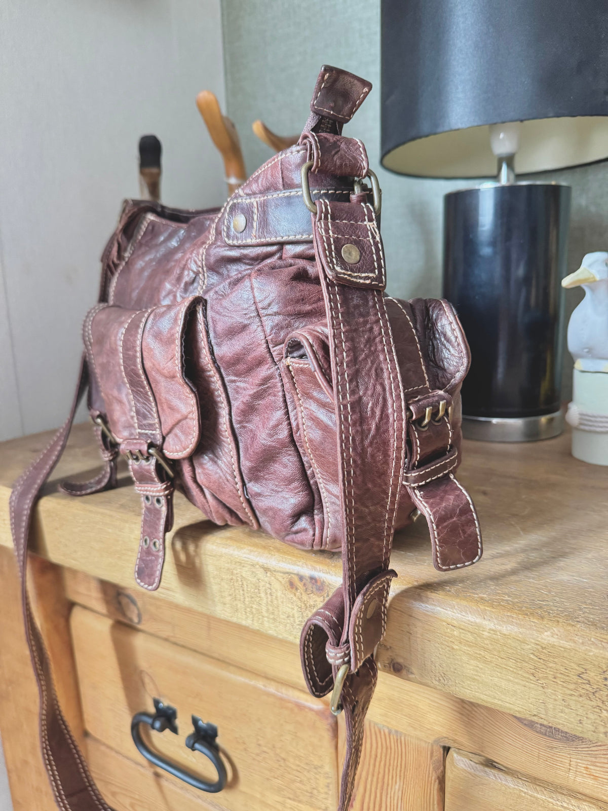 y2k vintage brown real leather golden hardware detail buckle shoulder bag