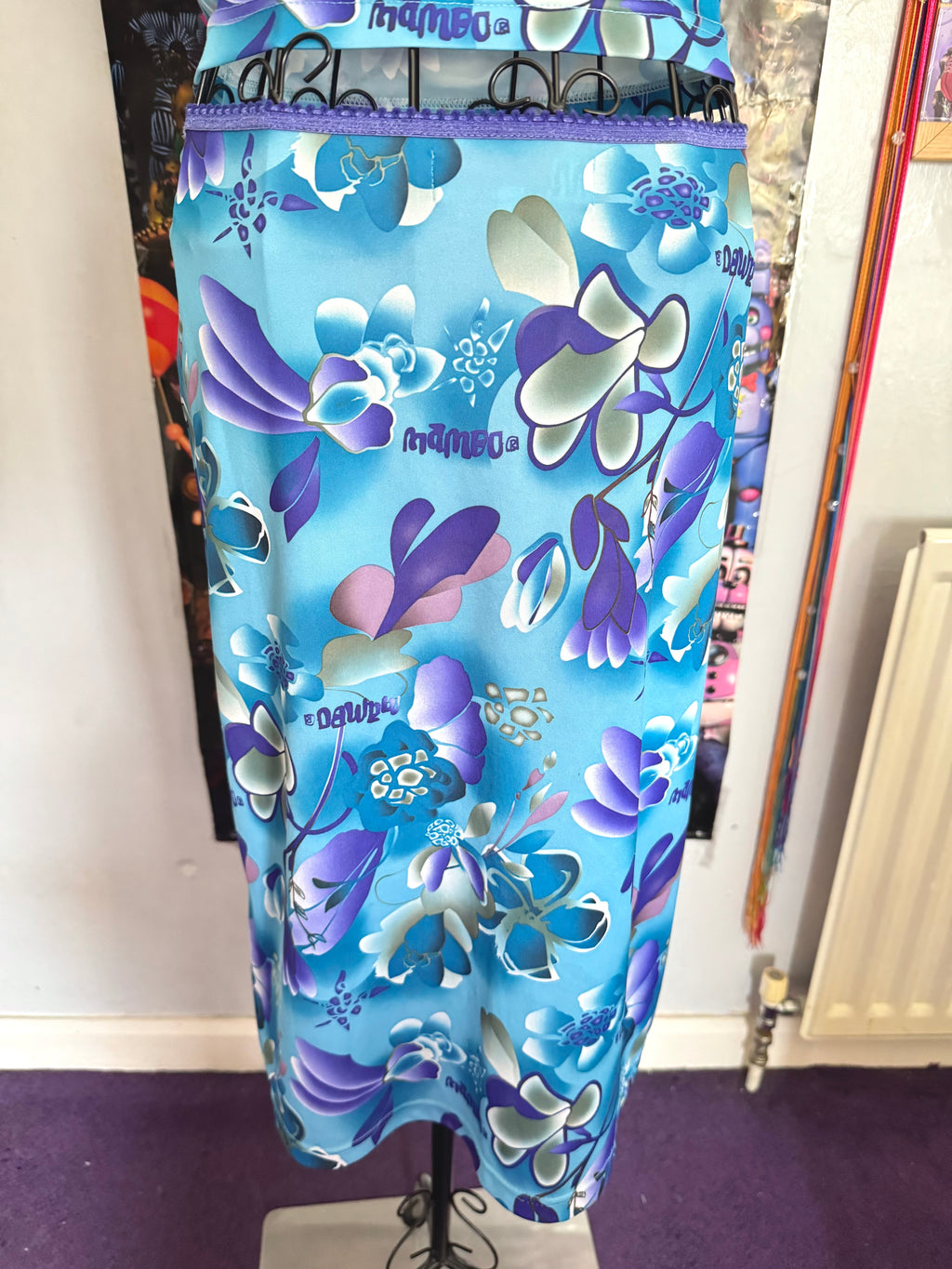 y2k vintage aqua blue h2o floral print two piece midi skirt and cami top set