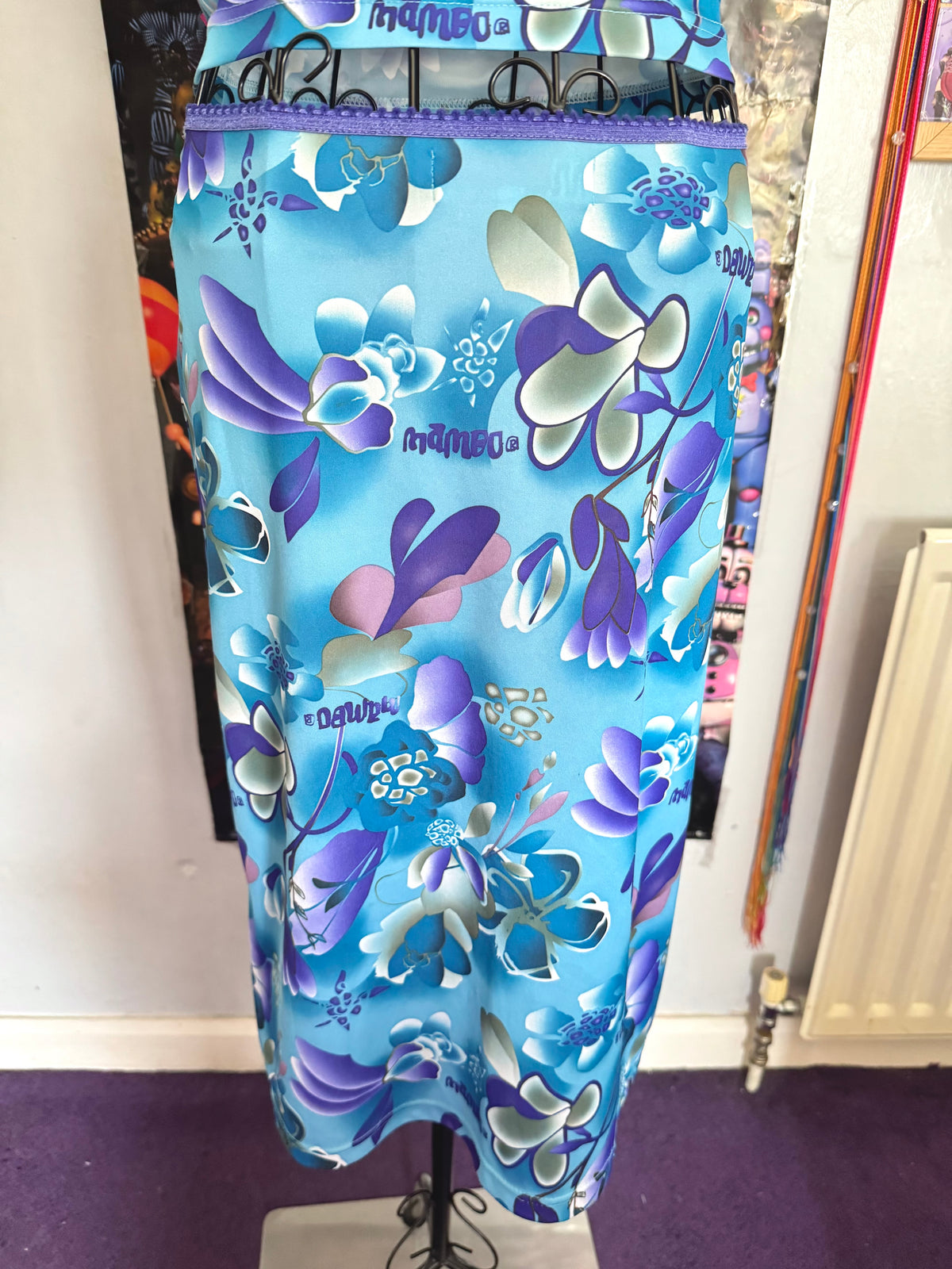 y2k vintage aqua blue h2o floral print two piece midi skirt and cami top set