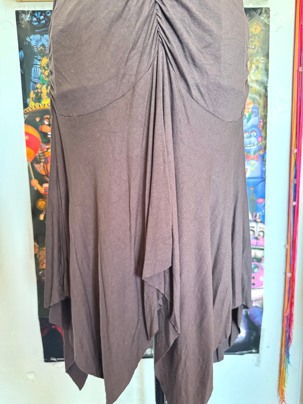y2k vintage chocolate brown ruched asymmetrical hem midi halterneck dress with golden sequins