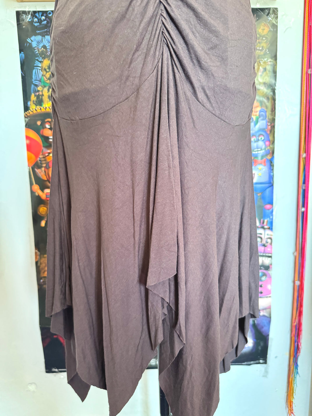 y2k vintage chocolate brown ruched asymmetrical hem midi halterneck dress with golden sequins