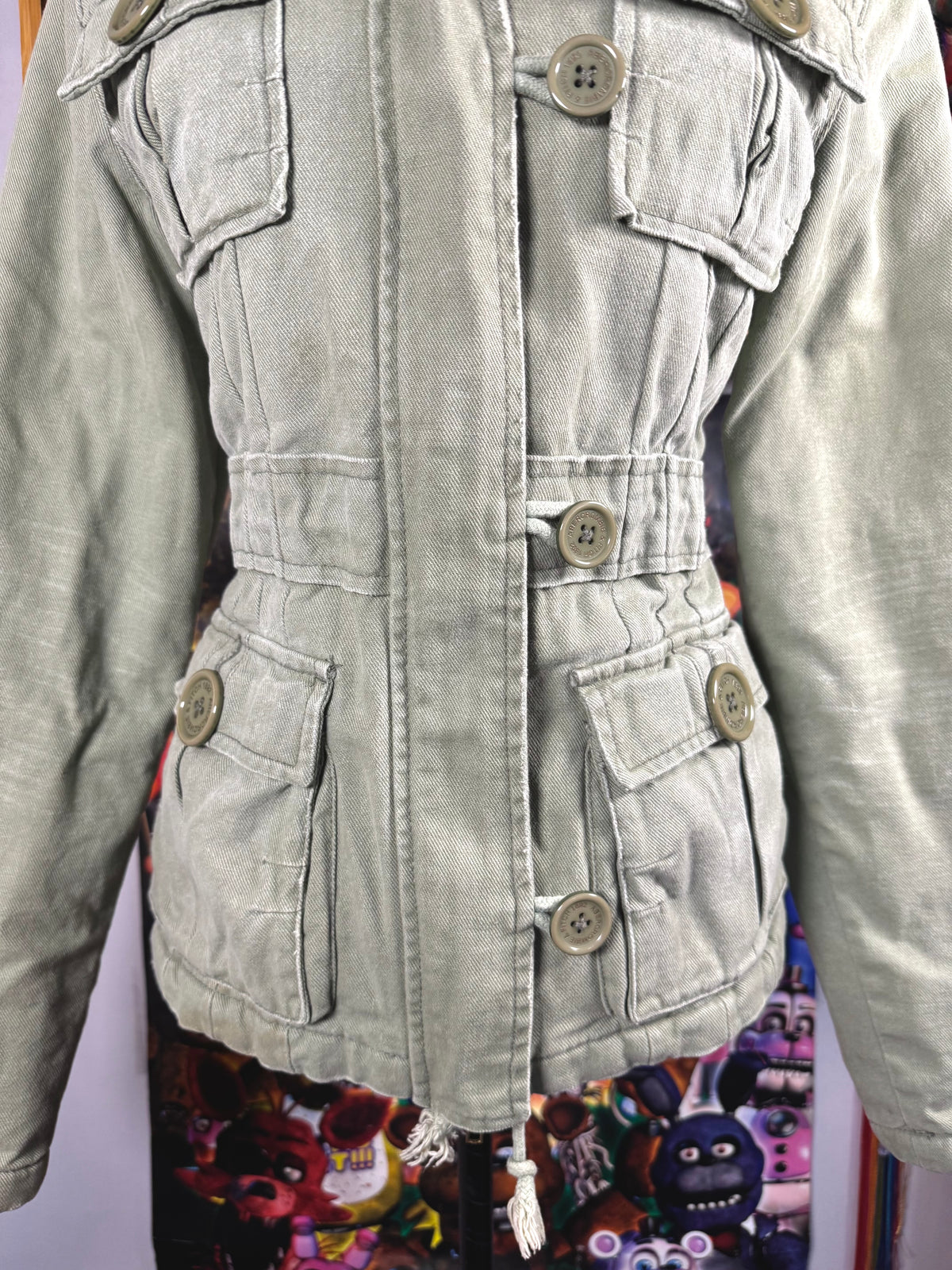 y2k vintage sage green fitted button up parka jacket with faux fur trim hood and cinch waist