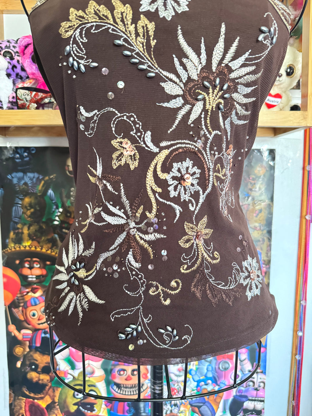 y2k vintage chocolate brown floral embroidered sequin halterneck fitted top fairycore