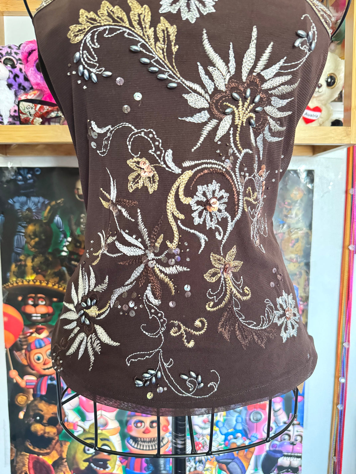 y2k vintage chocolate brown floral embroidered sequin halterneck fitted top fairycore