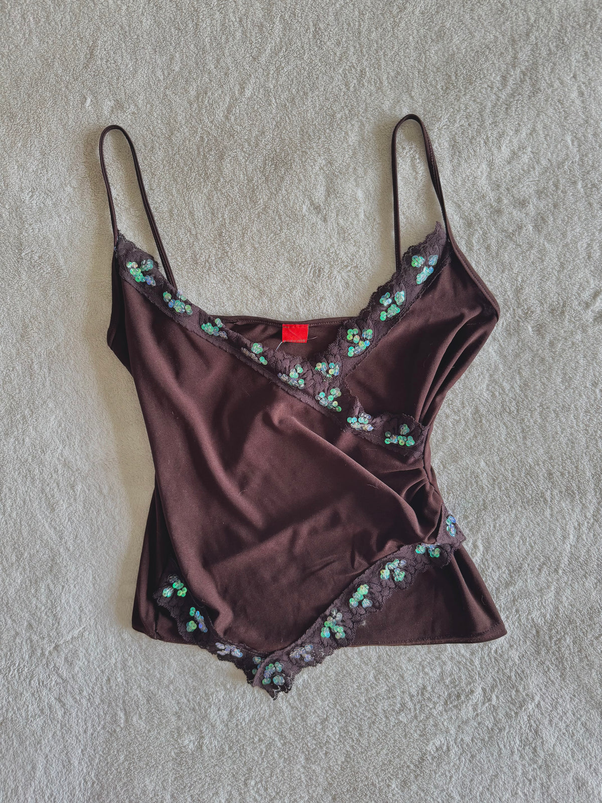 y2k vintage chocolate brown wrap style low cut sequin embellishment asymmetrical hem cami top
