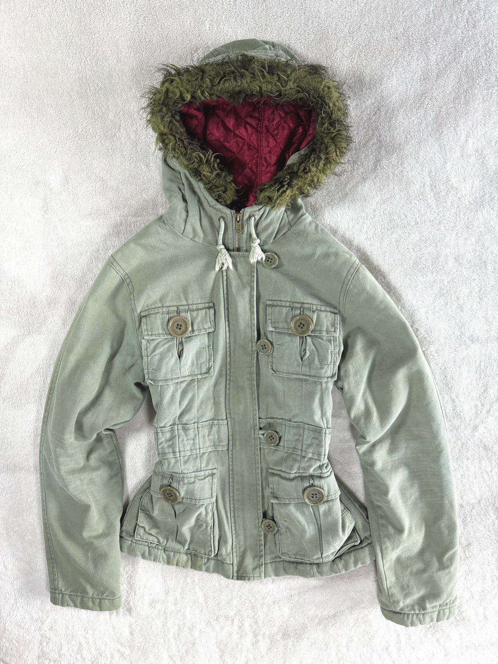 y2k vintage sage green fitted button up parka jacket with faux fur trim hood and cinch waist