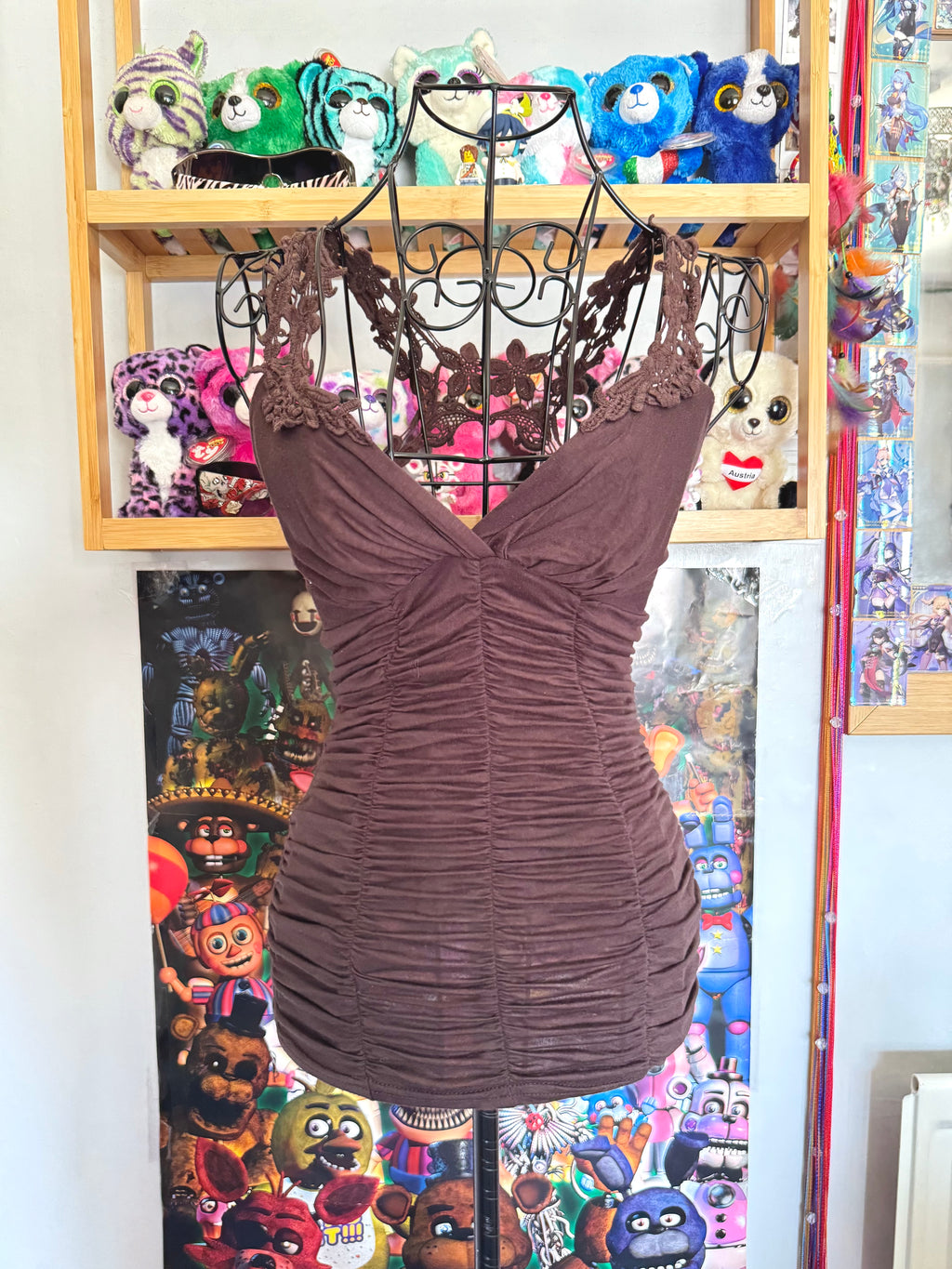 y2k vintage chocolate brown ruched fitted lace back cami top