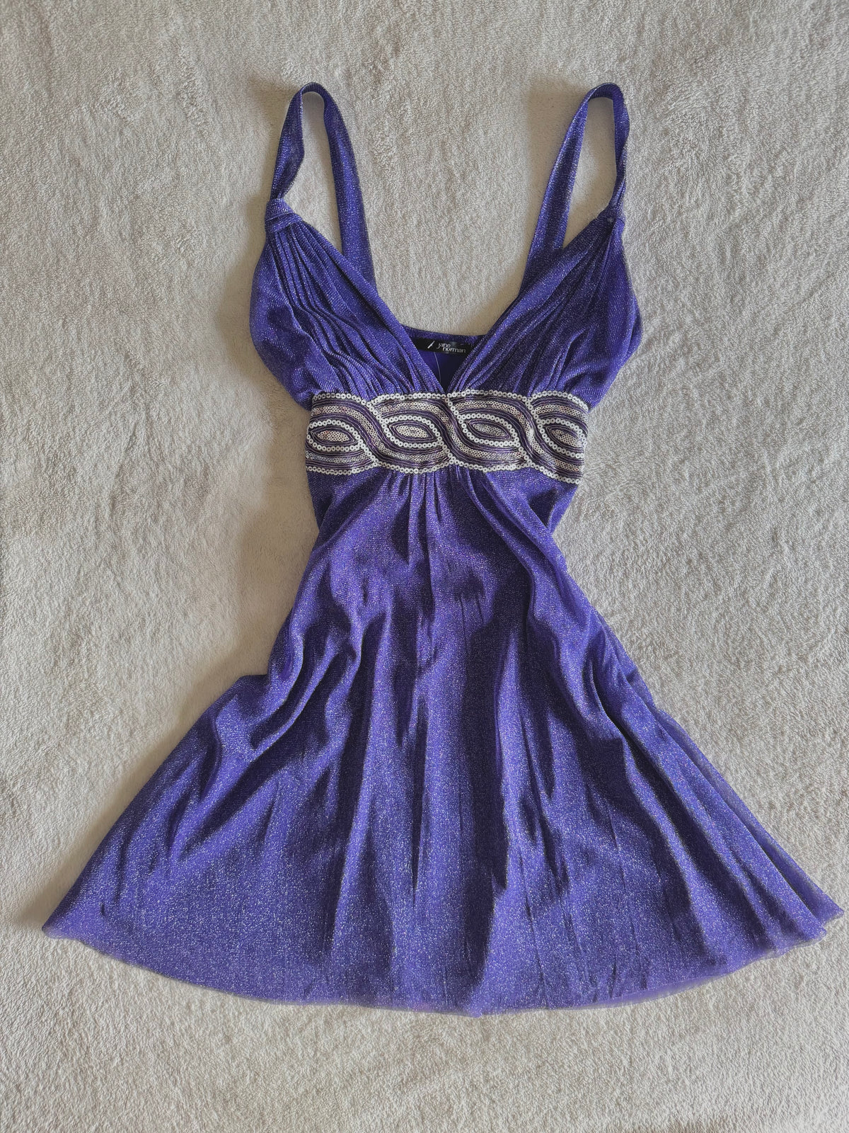 y2k vintage purple shimmery tie back sequin mesh mini dress