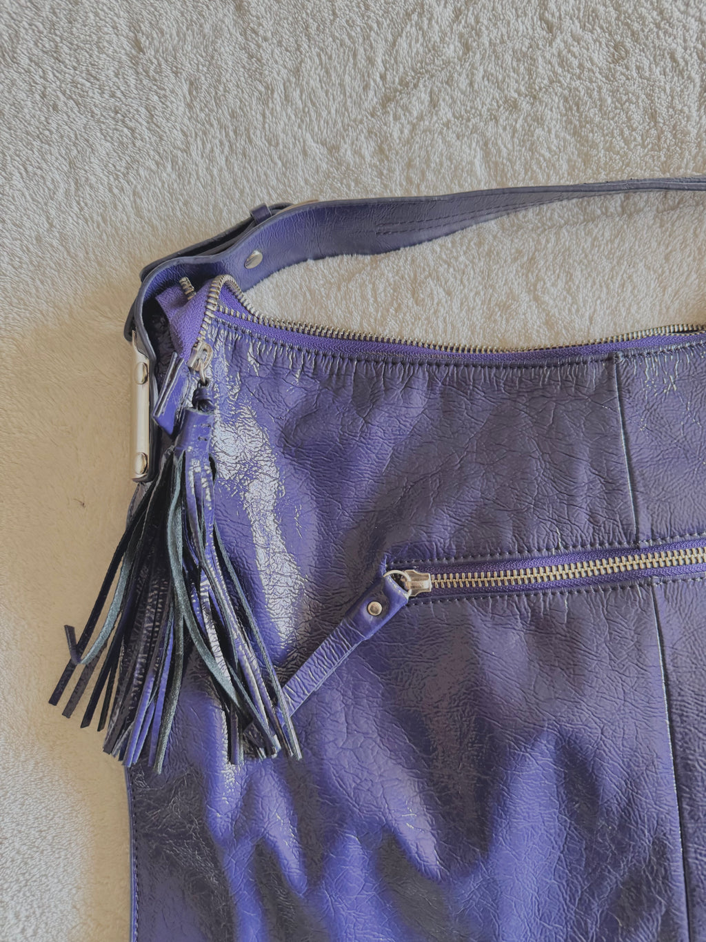 y2k pony hair violet purple slouchy boho handbag with real suede and leather