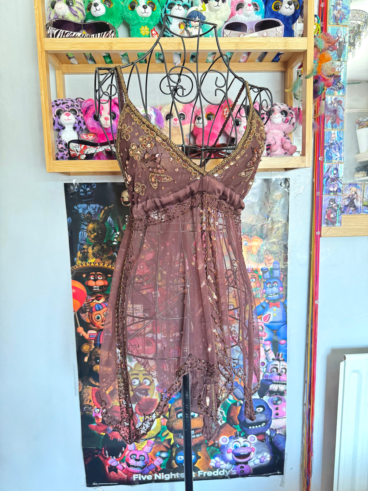 y2k vintage chocolate brown sequin embellished tie back floaty fairycore cami top earthy