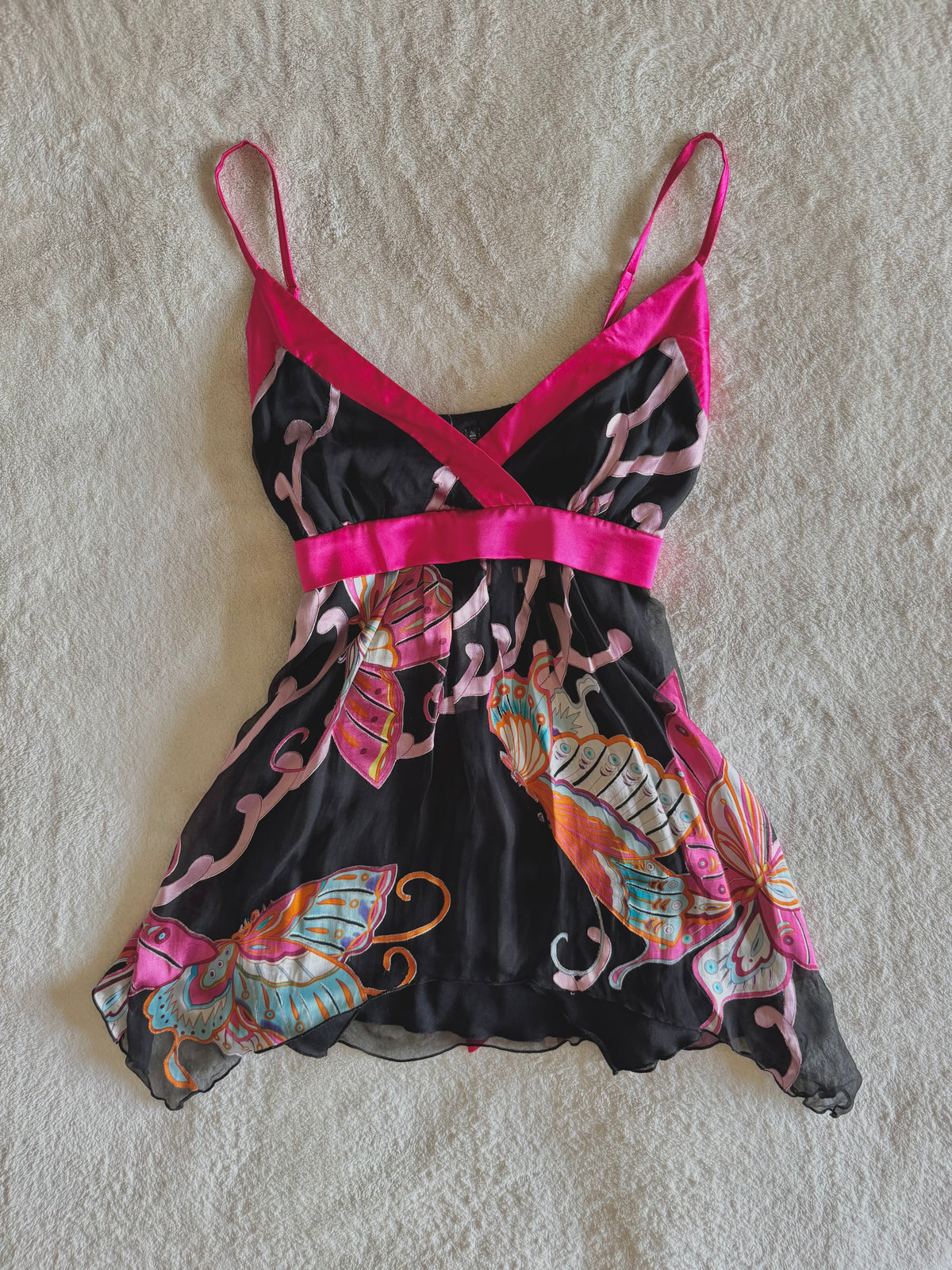 y2k vintage silk black and pink tie back butterfly cami top