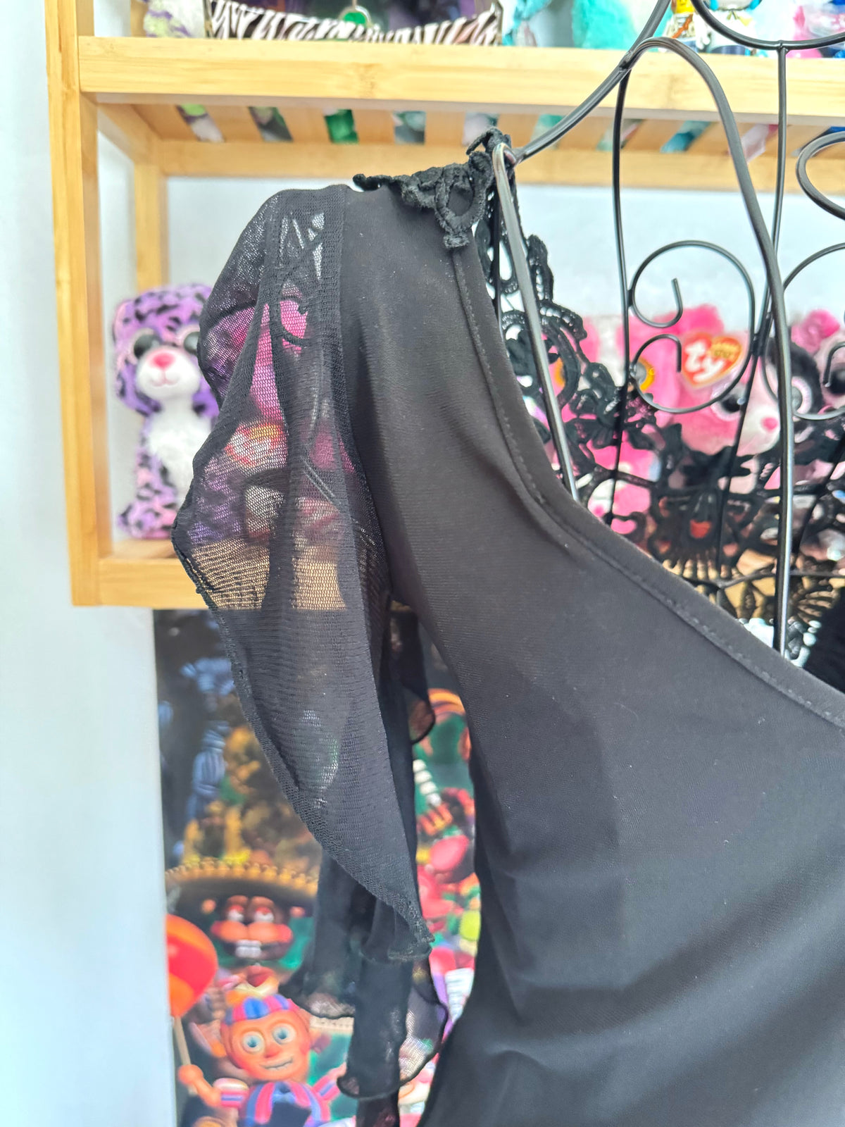 y2k vintage black mesh fitted top with lace front and tassel sleeves
