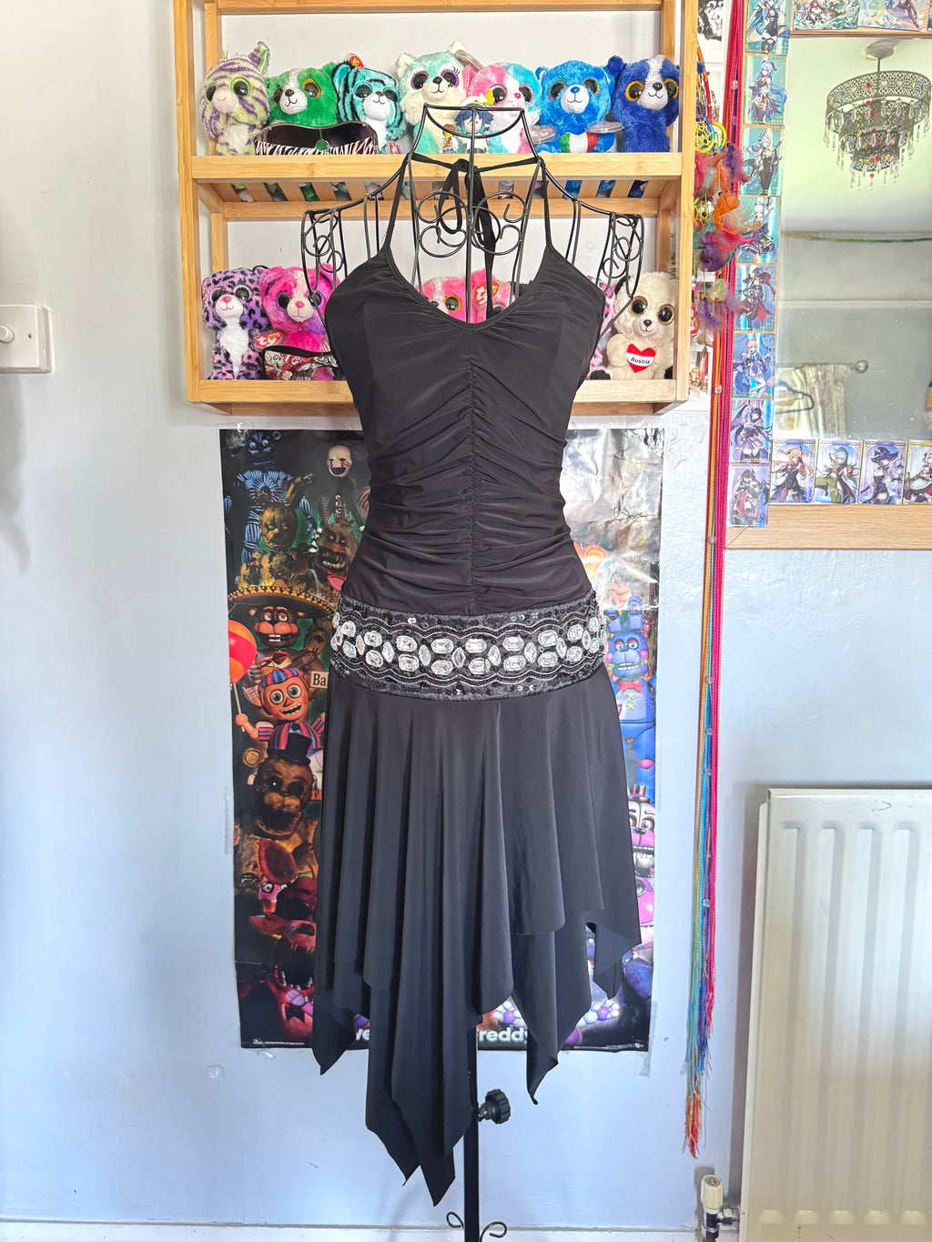 y2k vintage black sequin ruched slinky halterneck midi dress with hanky fairy hem