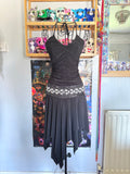 y2k vintage black sequin ruched slinky halterneck midi dress with hanky fairy hem