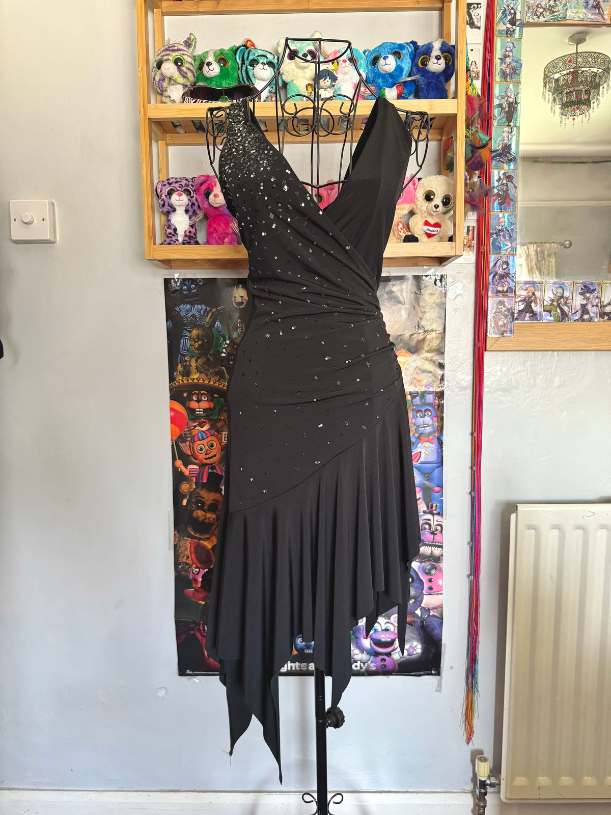 y2k vintage wrap style black rhinestone asymmetrical hem midi dress with ruching