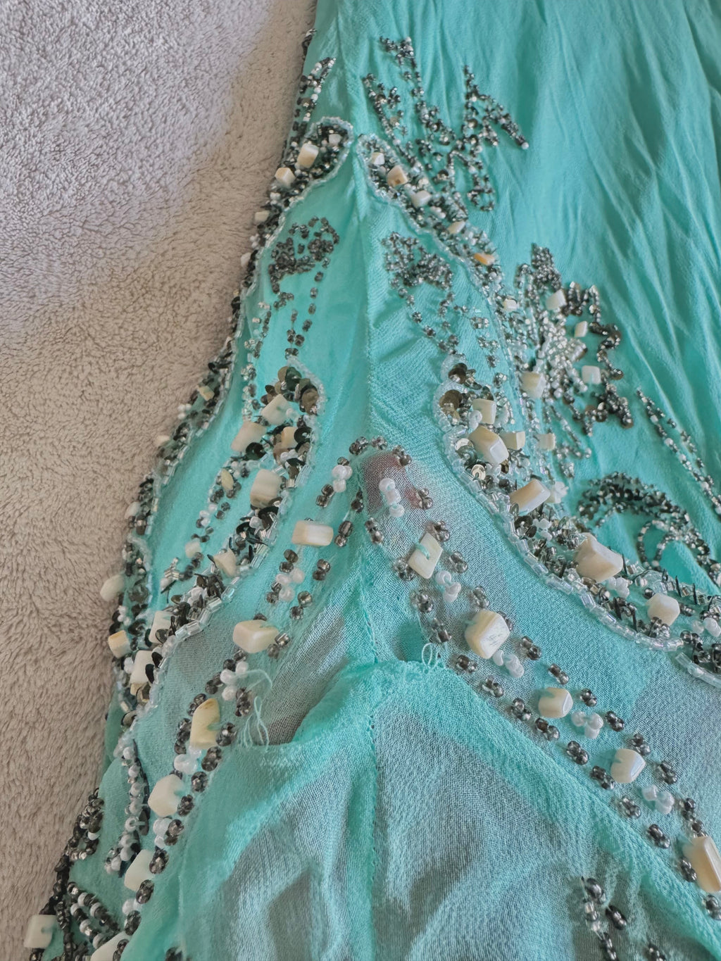 vintage 90’s turquoise blue silk heavily beaded handmade fishtail maxi dress mermaid core