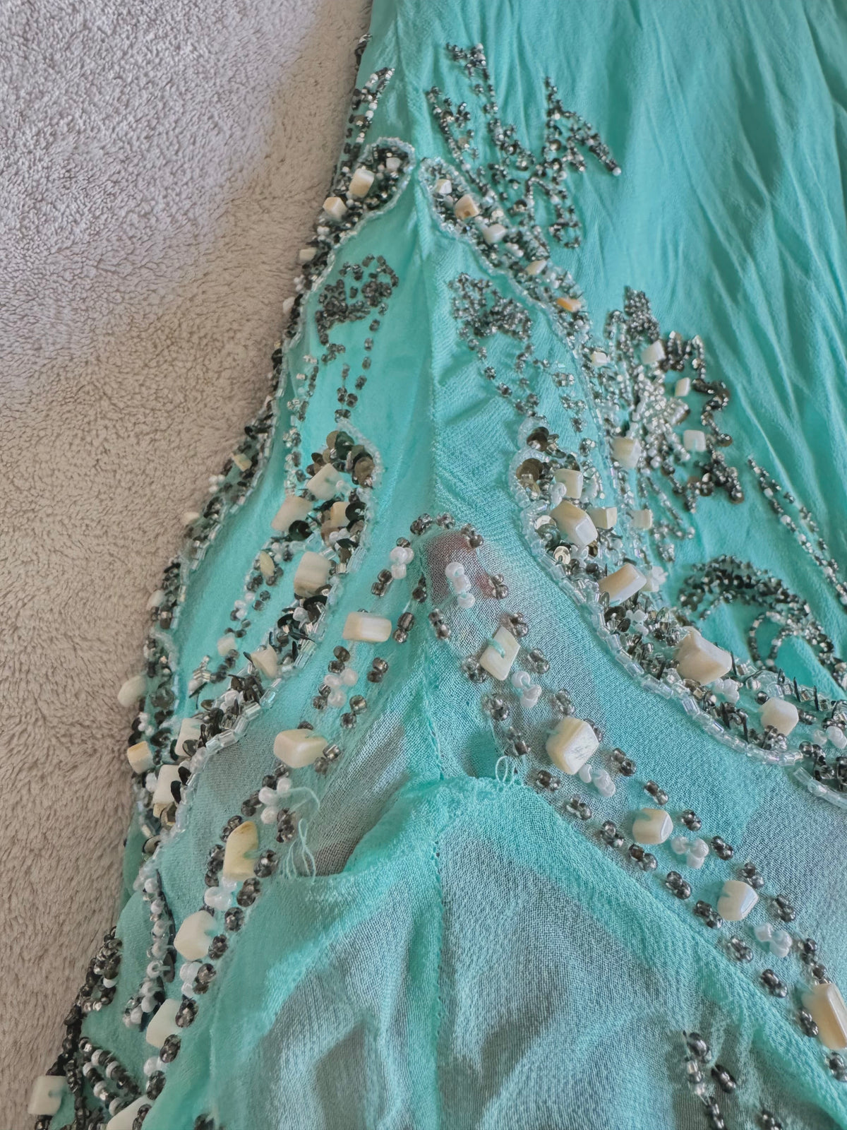 vintage 90’s turquoise blue silk heavily beaded handmade fishtail maxi dress mermaid core