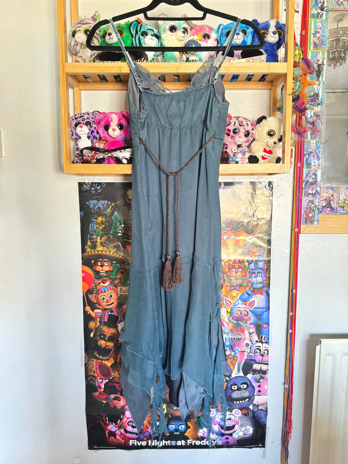 y2k vintage blue silk midi dress with asymmetrical hanky hem and coin tassels
