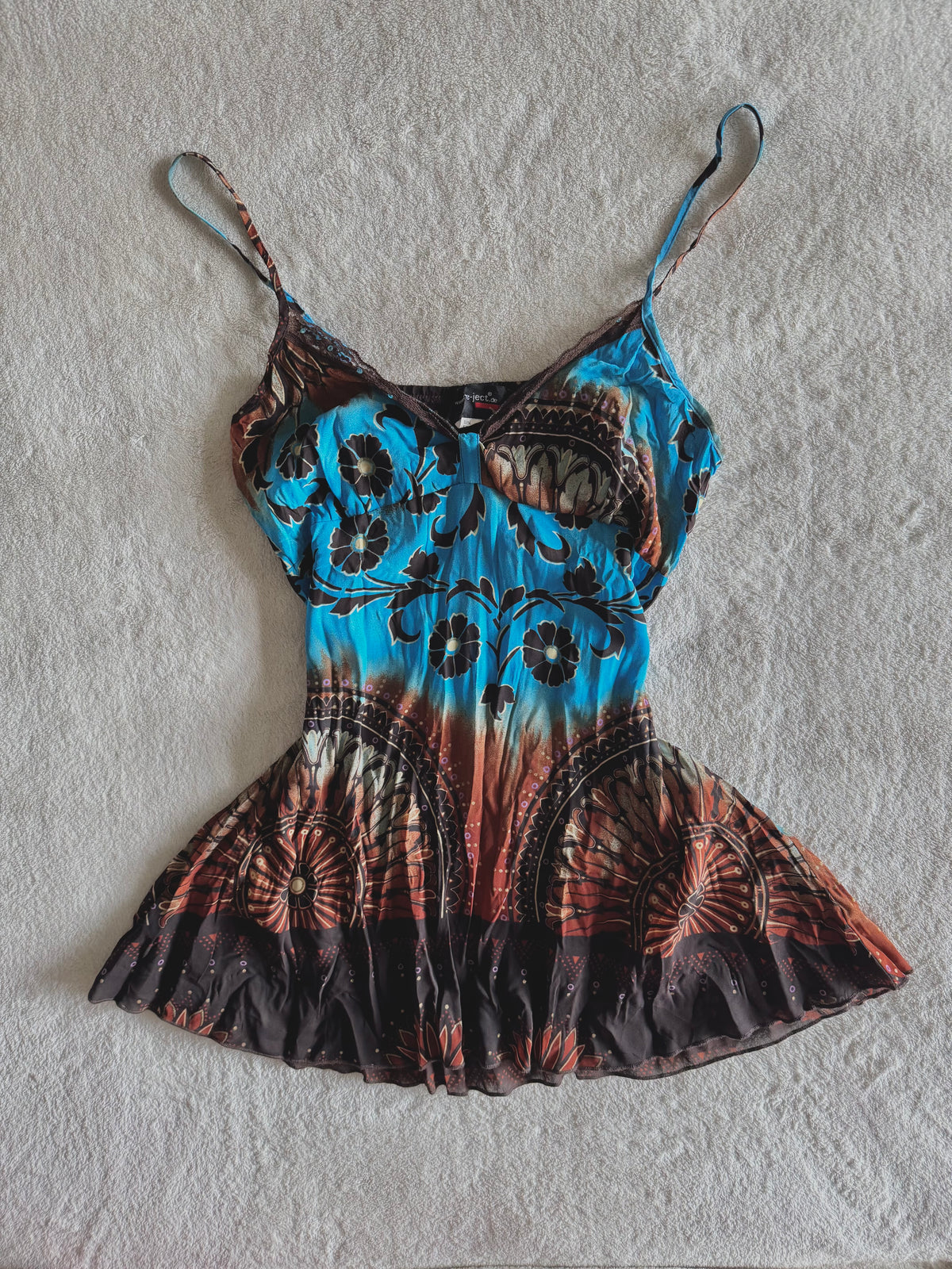 y2k vintage earthy blue and brown floral fitted cami top