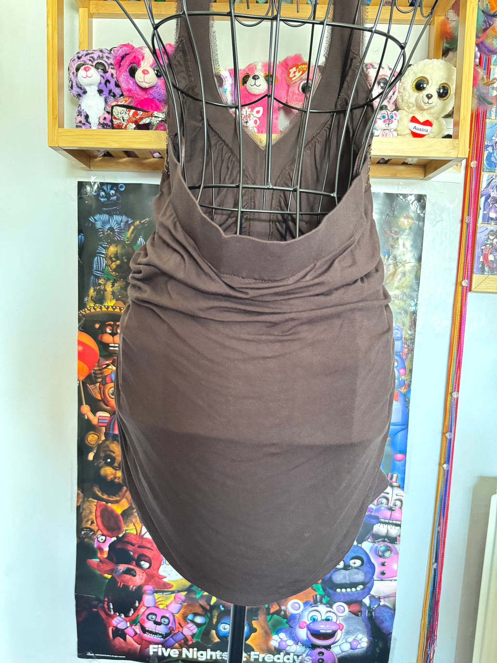 y2k vintage chocolate brown ruched and fitted low back sequin embellished halter top