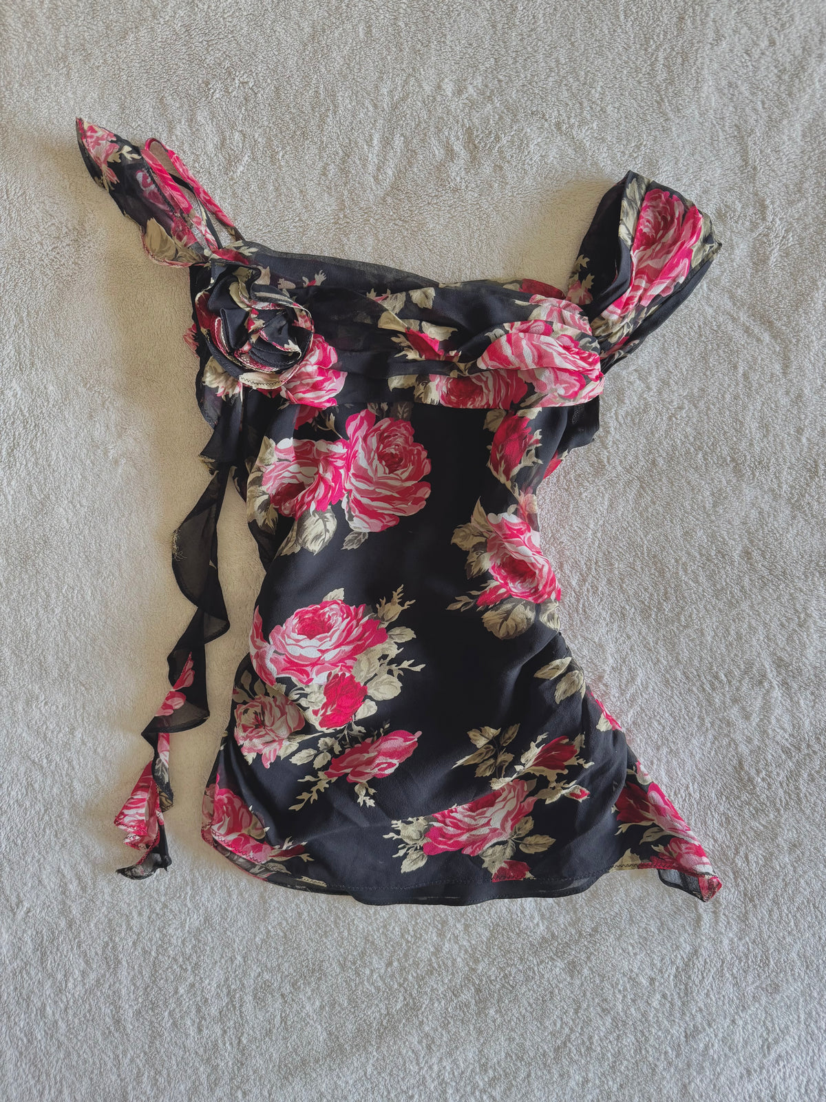 y2k vintage silk floral print ruched fitted cami top with rosette detail