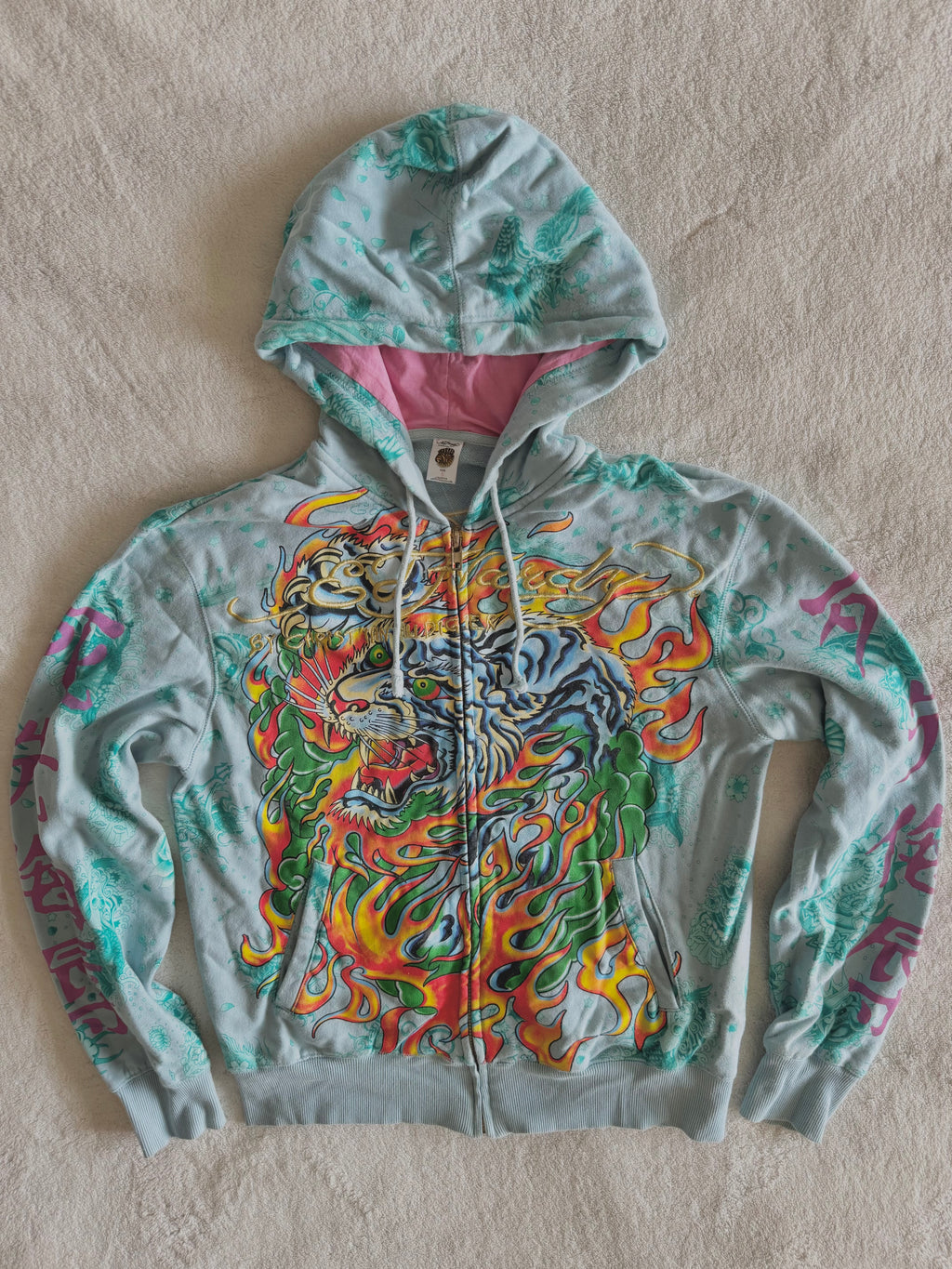 y2k vintage blue zip up drawstring neck hoodie with massive graphic front and back unisex