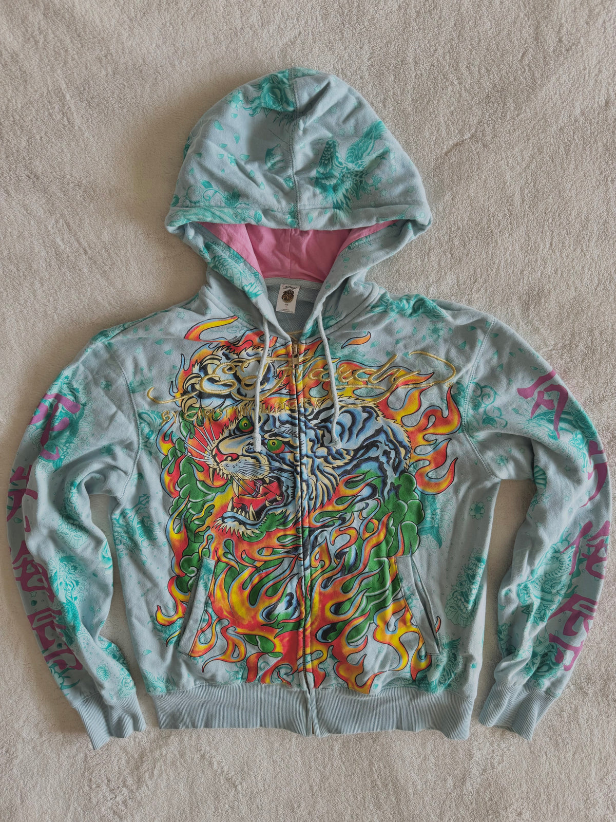 y2k vintage blue zip up drawstring neck hoodie with massive graphic front and back unisex