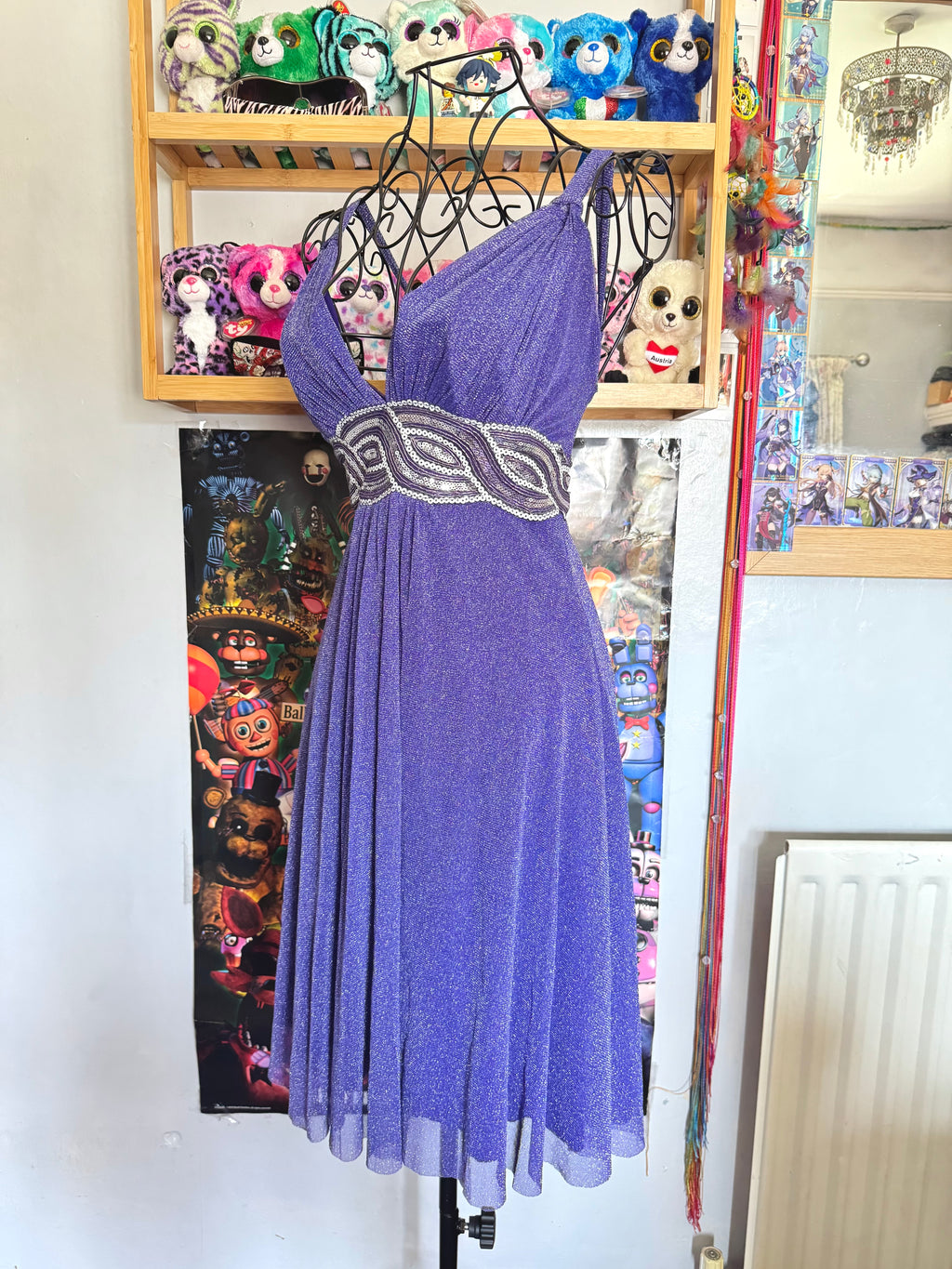 y2k vintage purple shimmery tie back sequin mesh mini dress