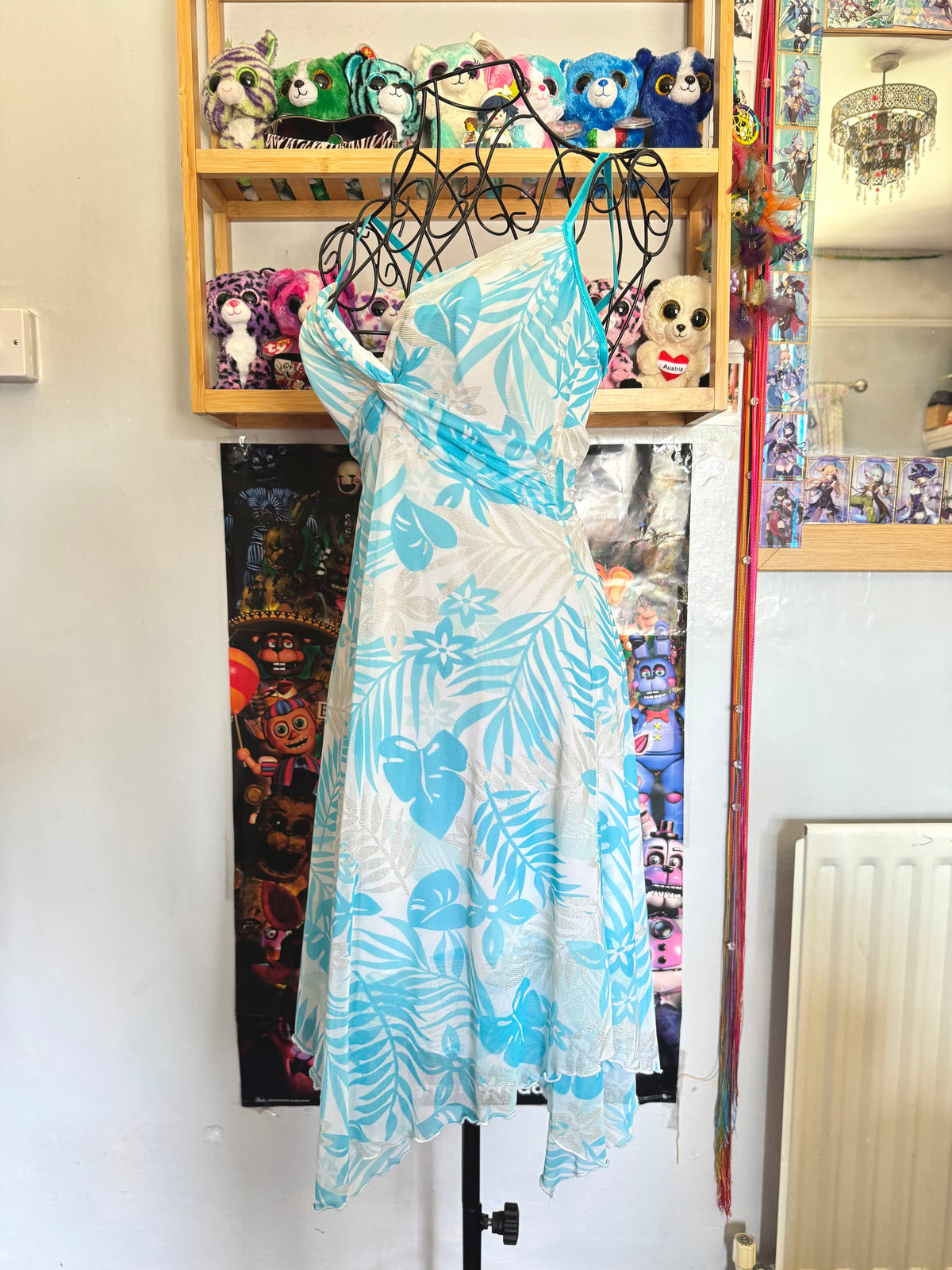 y2k vintage tie back turquoise blue mesh asymmetrical lettuce hem mini dress