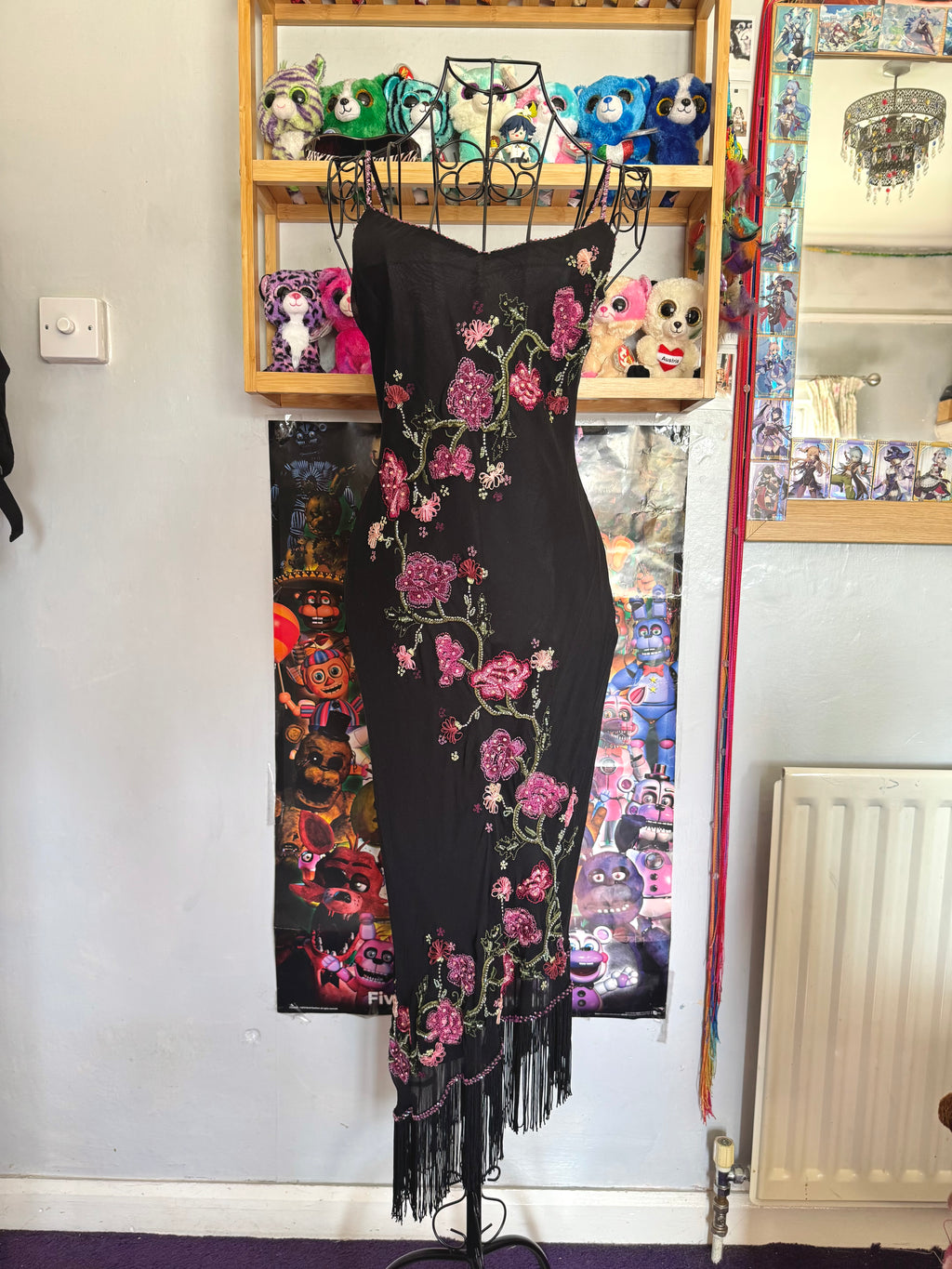 y2k vintage silk asymmetrical hem tassel maxi dress with beautiful floral embroidery