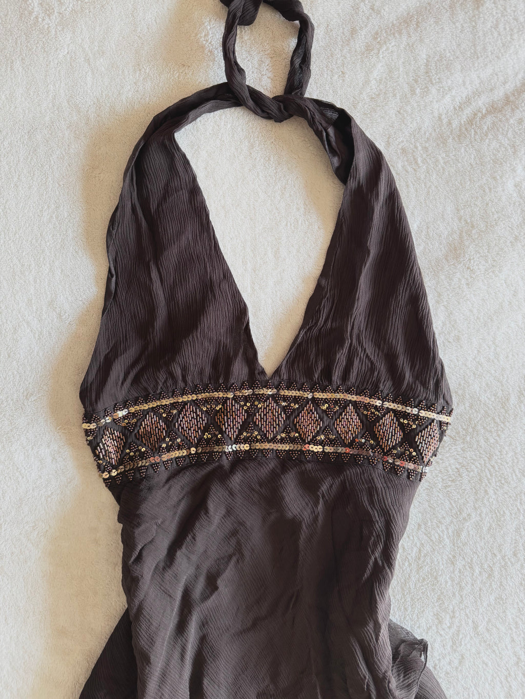 y2k vintage silk chocolate brown fitted asymmetrical fairy hem halterneck midi dress