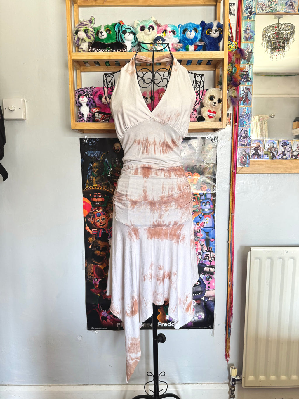 y2k vintage tie dye fitted halter midi dress with asymmetrical fairy hem