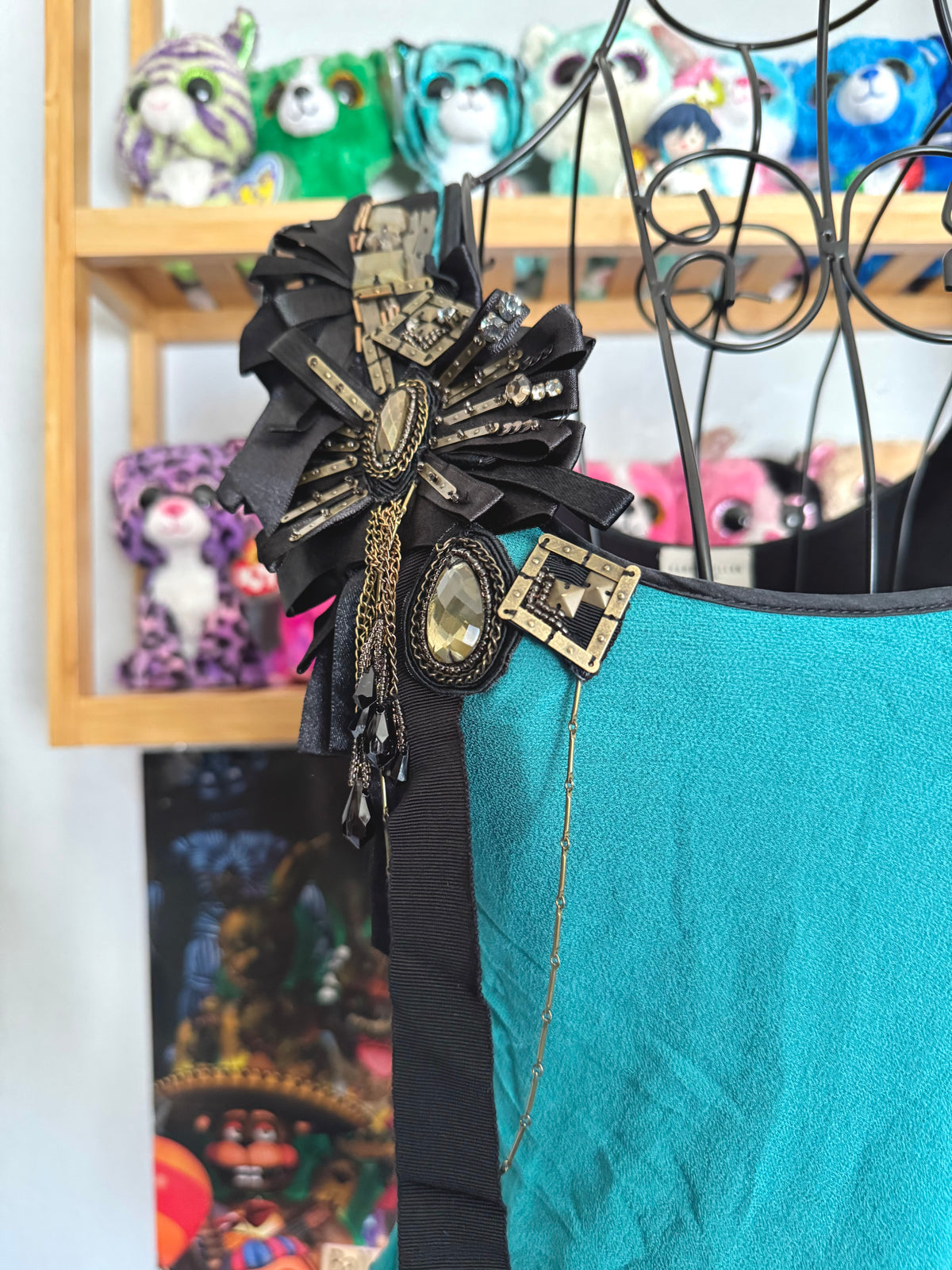 y2k vintage silk teal and black fitted asymmetrical hem vest top
